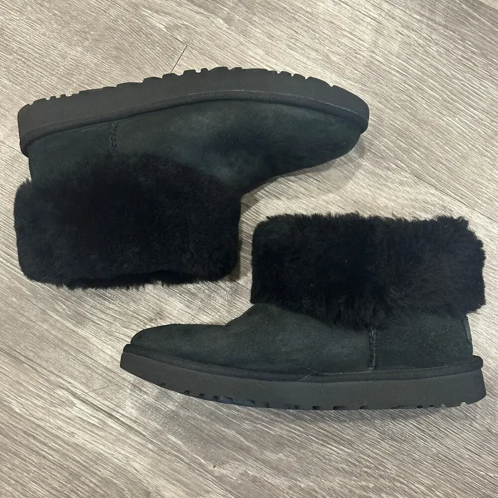 Ugg Black Classic Mini Fluff Shearling Sheepsksin Cuff Boot Sz 8 Cozycore Lounge